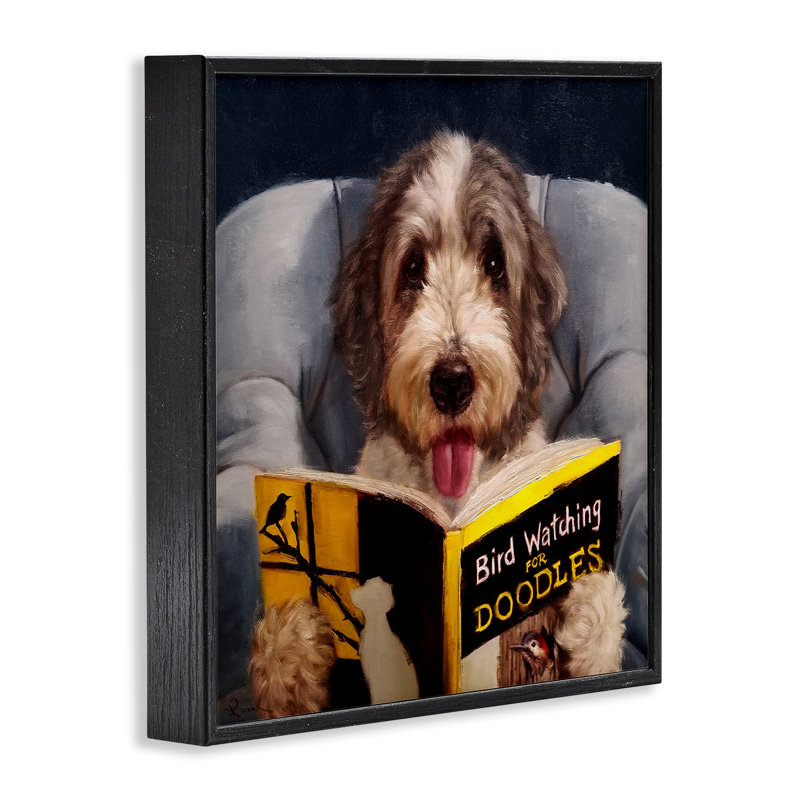 Chien avec un oiseau qui regarde un livre, estampe numérique par Lucia Heffernan, Giclée encadrée noir minuit