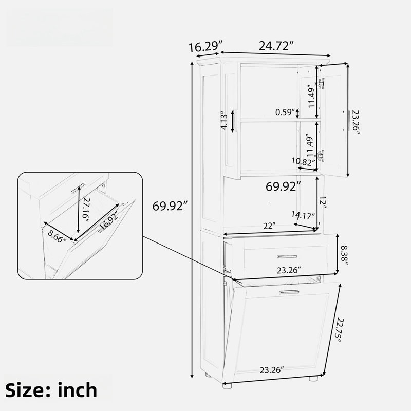 Armoire de salle de bain haute Ahlanni avec panier à linge inclinable, armoire de rangement supérieure, tiroir et tablettes ouvertes