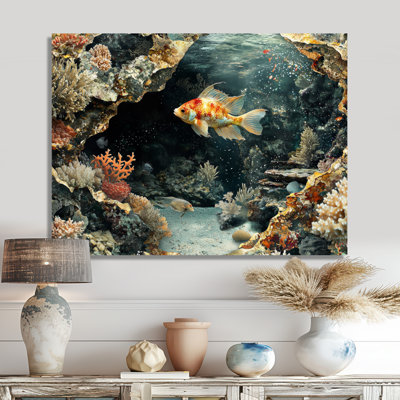Aquarium Fish And Amphibian Above A Coral III - Modern Metal Art Print, Coral Metal Wall Decor