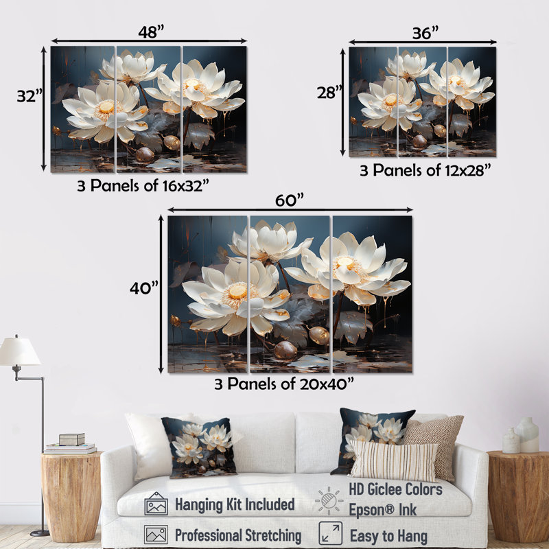 Sacred Lotus Dreams I - Ensemble de décoration murale Lotus, H 32 po x l 48 po x P 1 po