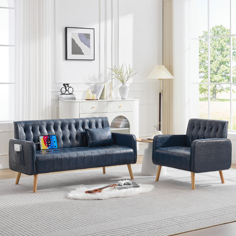 Salon capitonné en similicuir avec charge USB et poches (ensemble de 2), Bleu