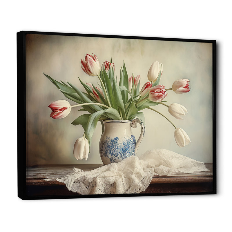 Tulipes, bouquet de natures mortes VI sur toile, Cadre flottant noir, H 16 po x l 32 po x P 1 po