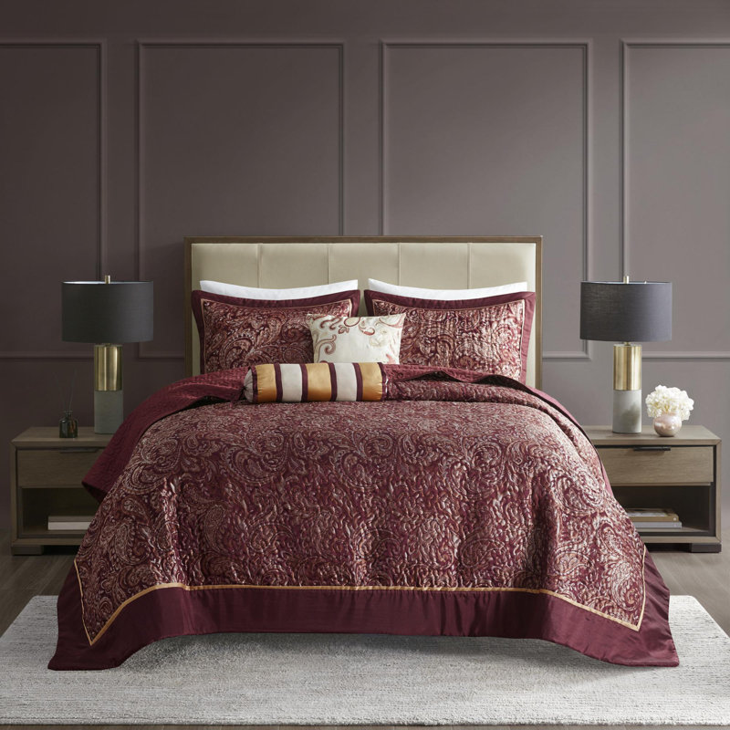 Ensemble de 5 couvre-lits réversibles en polyester jacquard, Bleu; brun, Couvre-lit très grand + 4 pièces supplémentaire