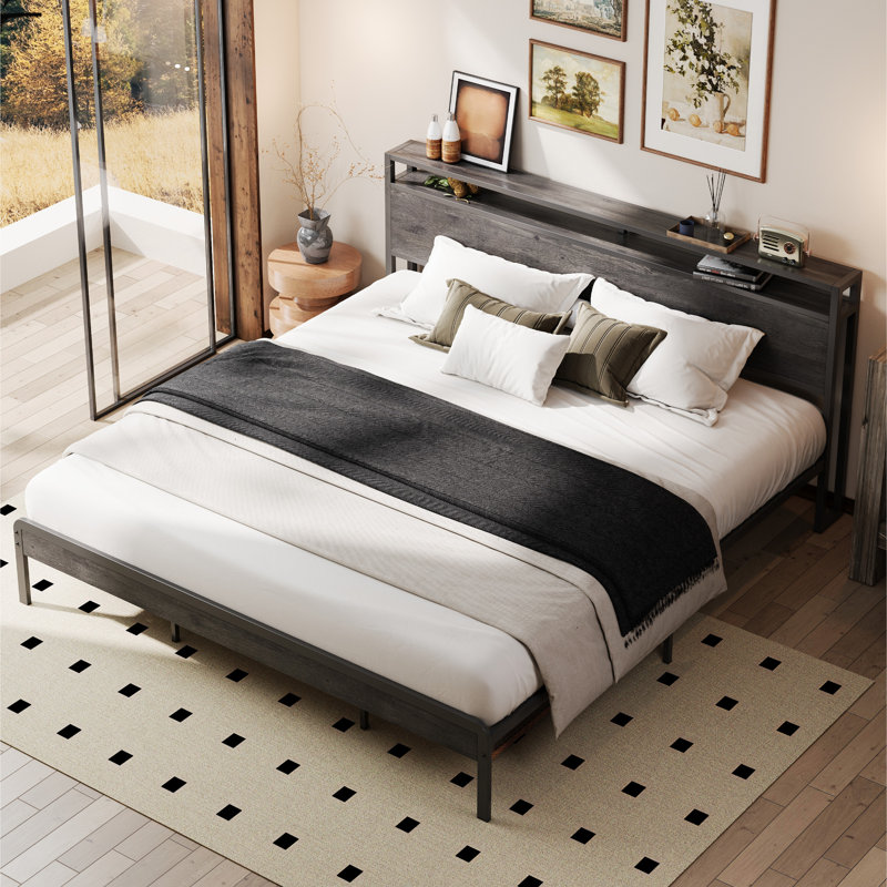 Industrial Bed Frame With Storage Headboard, California King, Gray