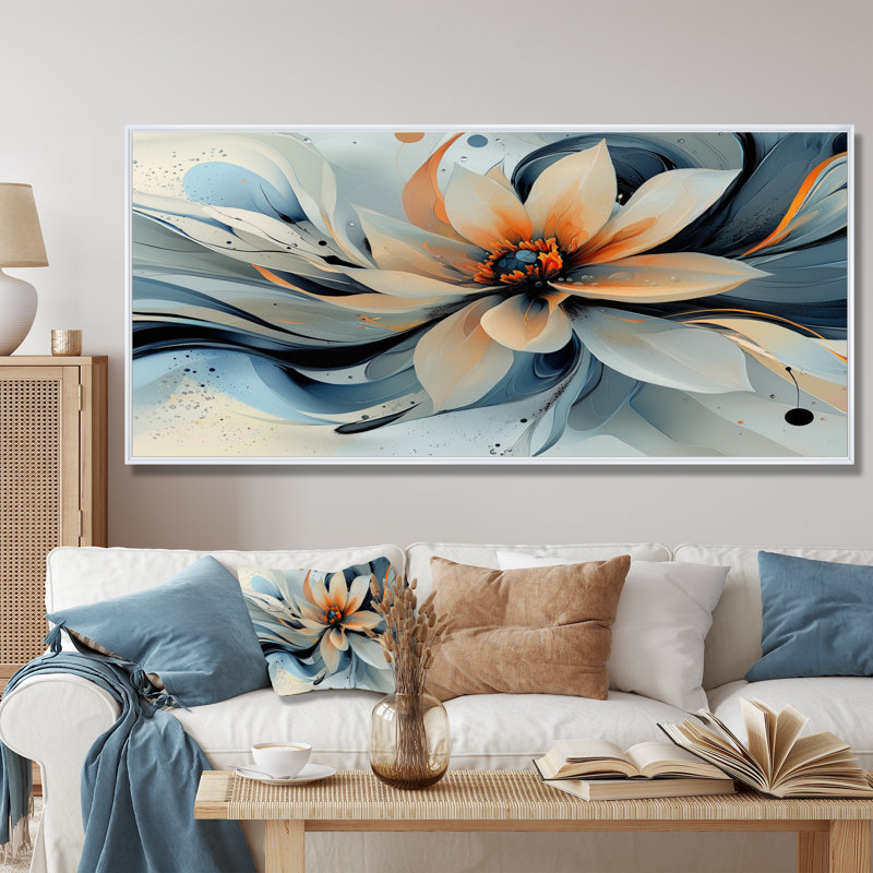Jacaury turquoise Dahlia fleurs en couches I - art mural Dahlia pour le salon, H 28 po x l 60 po, Floater Framed, Blanc