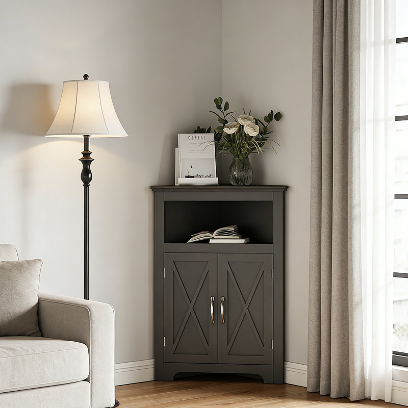 Corner Storage Cabinet, Small Corner Cupboard With Barn Door Design & Adjustable Shelves, Home Space Saver For Living Room, Bathroom, Kitchen, Bedroom