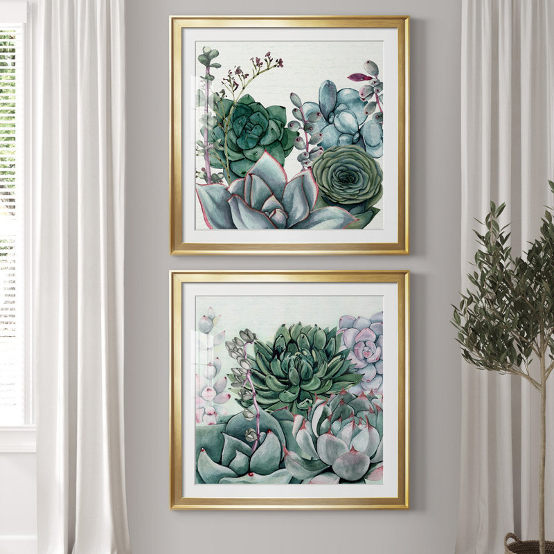 «Succulent Garden I», ensemble de 2 reproductions d'art sur toile, H 30,5 po x l 61 po x P 1,5 po, Toile encadrée dorée