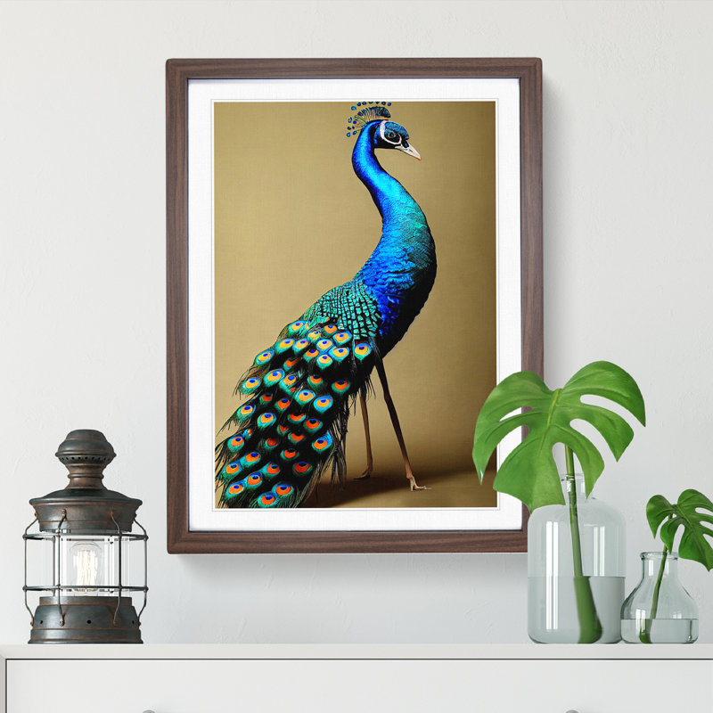 Stunning Peacock - Single Picture Frame Print, 64cm H x 46cm W x 2cm D, Walnut Framed