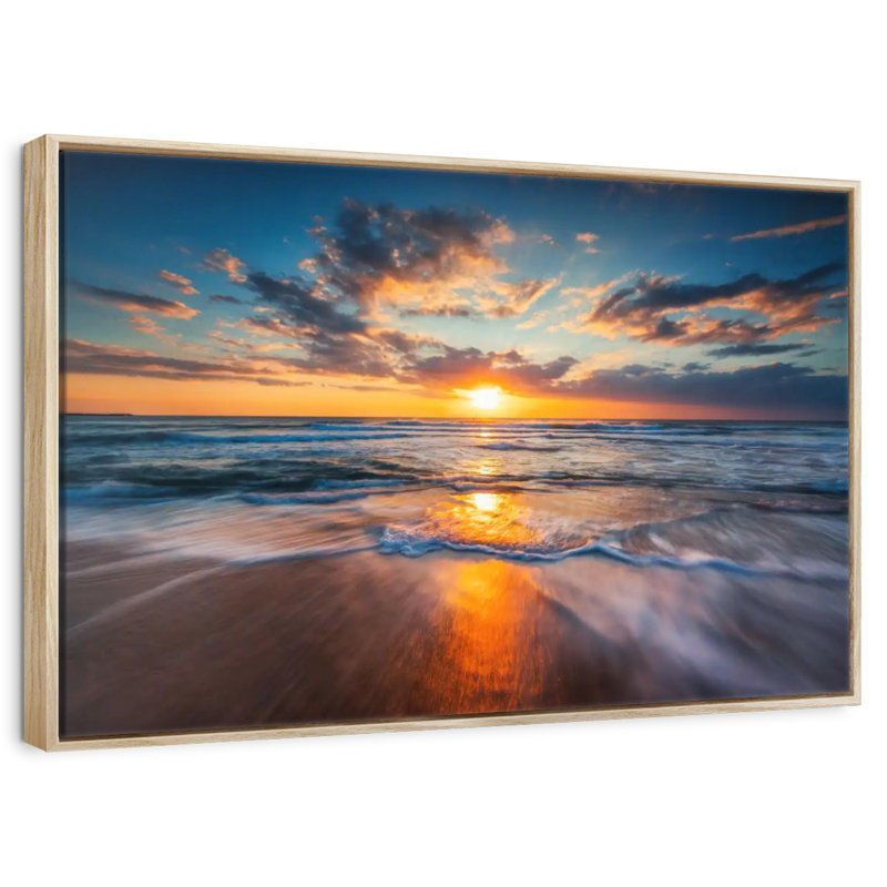 Été, océan, lever de soleil, Cadre flottant en bois naturel, 40 po x 27 po
