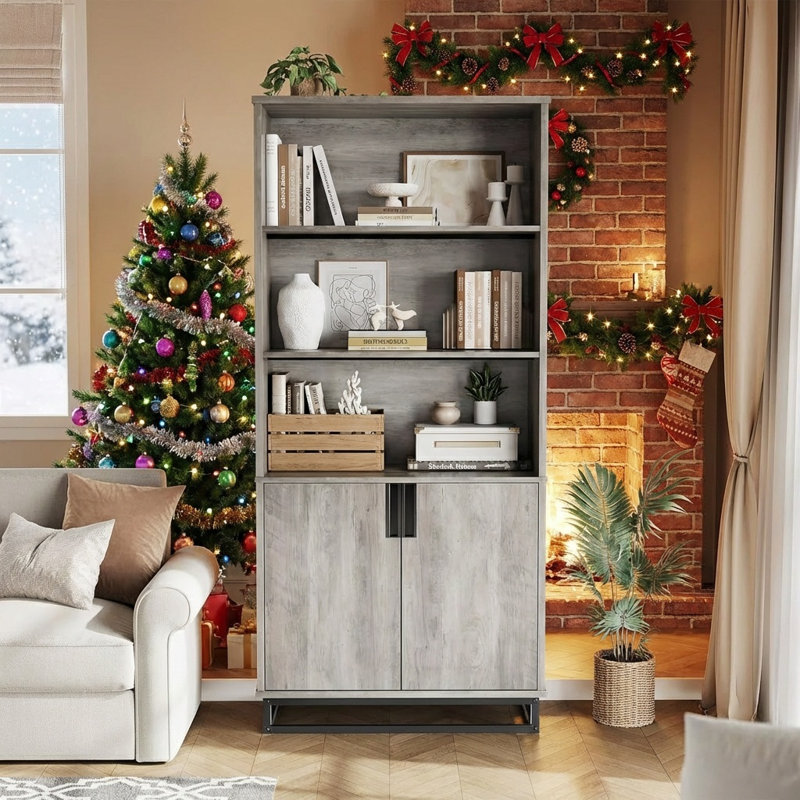 71" Tall Bookshelf w/Doors & Metal Base, 5-Tier Wooden Bookcase with Cabinet and Adjustable Shelf,Farmhouse Book Shelf Industrial Bookcase for Living Room Office Library