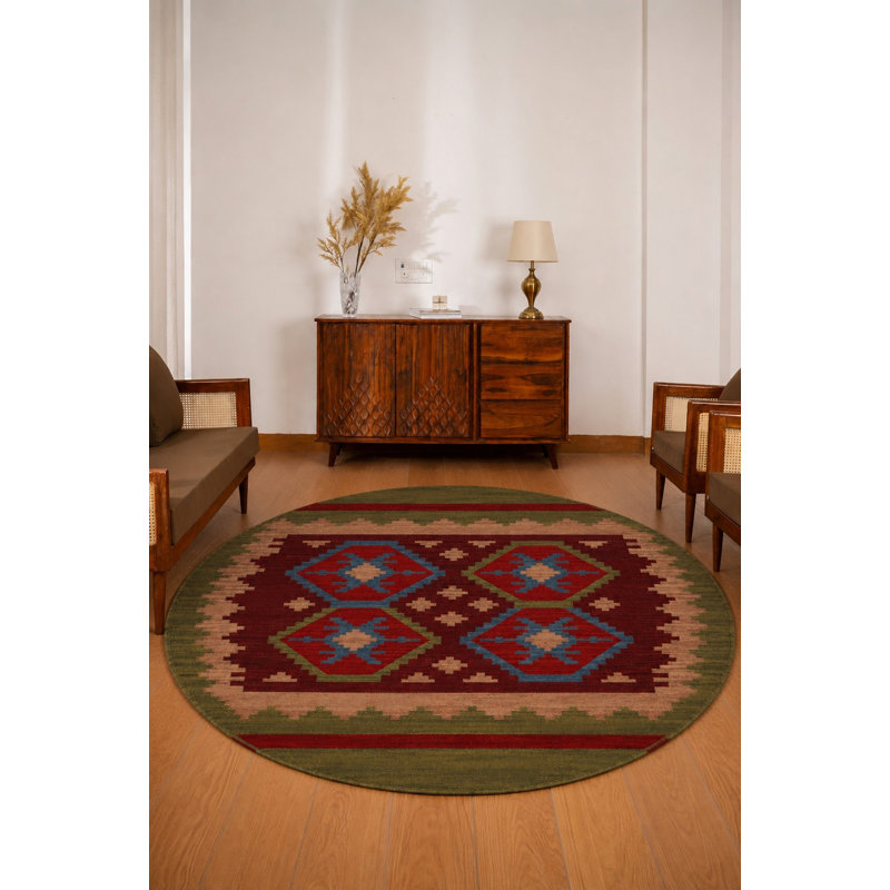 Tapis kilim en laine tissés à la main et à plat Alixia, Rond 8 pi