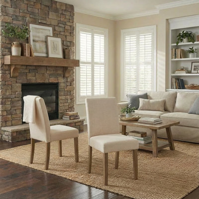 Upholstered Dining Chair, Beige Fabric Side Chair, Armless Modern Kitchen Chair with Solid Wood Legs