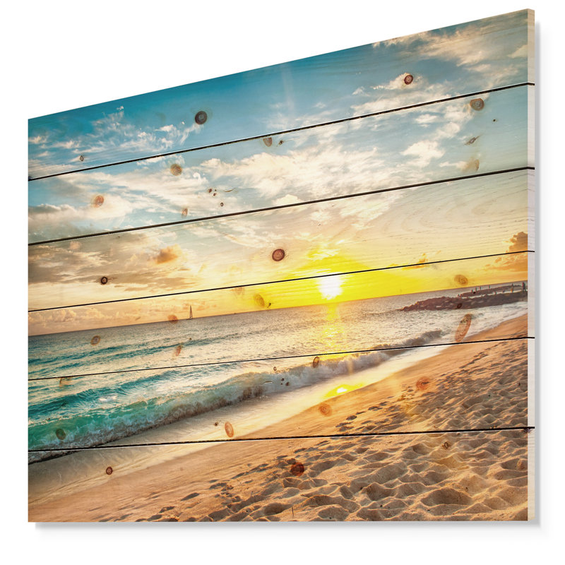 Plage blanche à l'île de la Barbade - impression de paysage marin moderne, H 36 po x l 46 po x P 1,5 po, Bois