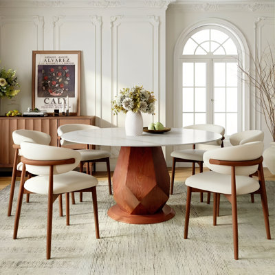 4/6/8 People Dining Room Set, Round Dining Table, Sintered Stone Tabletop & Solid Wood Pedestal, Plush Upholstered Chairs