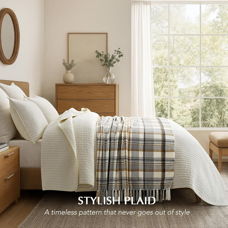 Soft Chenille Throw Blanket, 60" L x 50" W, Gray/Warm Beige Plaid