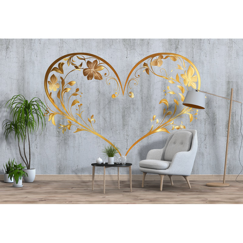 Adhésif décoratif tête de lit à motif floral doré - chambre à coucher romantique, décoration murale élégante en forme de cœur doré pour chambre à coucher moderne 302Mv