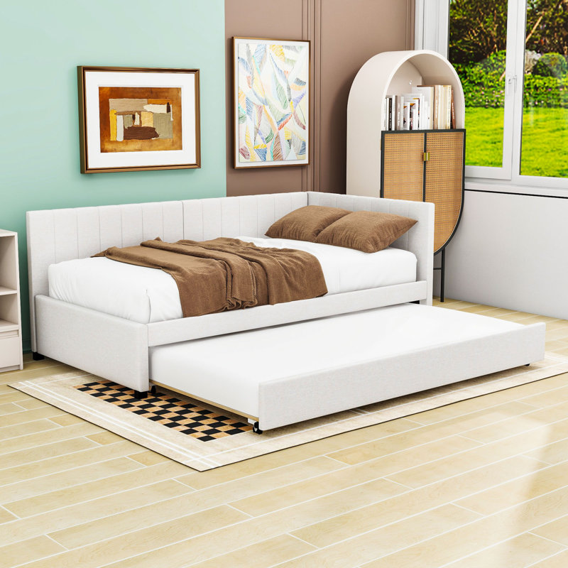 Modern Upholstered Daybed with Twin Trundle, Twin, Beige