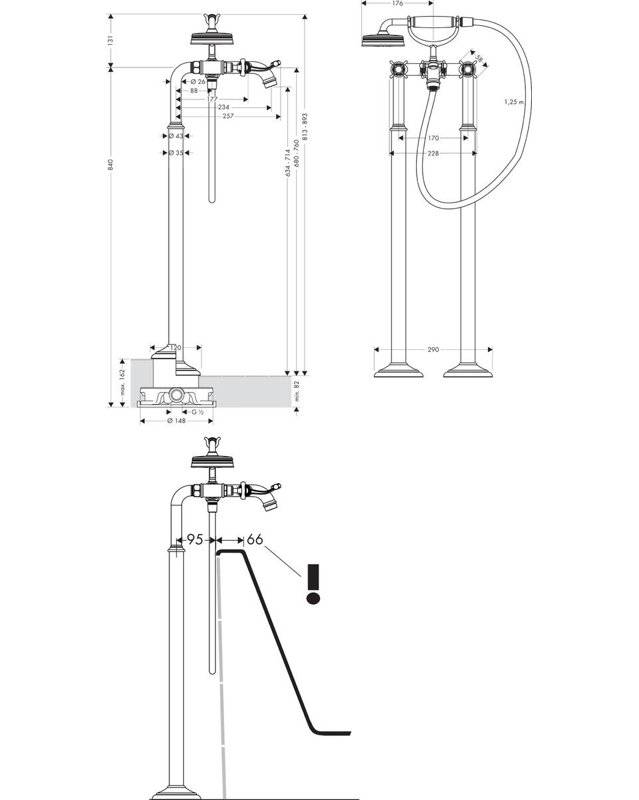 AXOR Montreux Double Handle Floor Mounted Clawfoot Tub Faucet Trim with Handshower, Brushed Nickel
