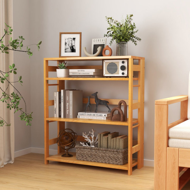 4-Tier Bookshelf Rubber Wood Bookcase With Side Fences For Living Room, (4 Shelves) 34.5"H x 29.5"W x 12"D