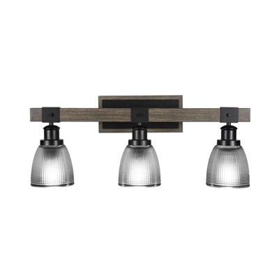 Valera 3 Light Bath Bar Shown In Matte Black & Painted Distressed Wood-look Metal With 5” Clear Ribbed Glass