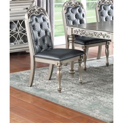 Majestic Formal Set Of 2 Side Chairs Grey / Silver Finish Rubberwood Dining Room Furniture Intricate Design Cushion Upholstered Seat Tufted Back