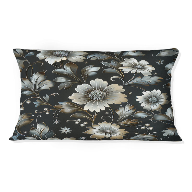 Coussin lombaire glamour Flower Gardens, Noir / argenté