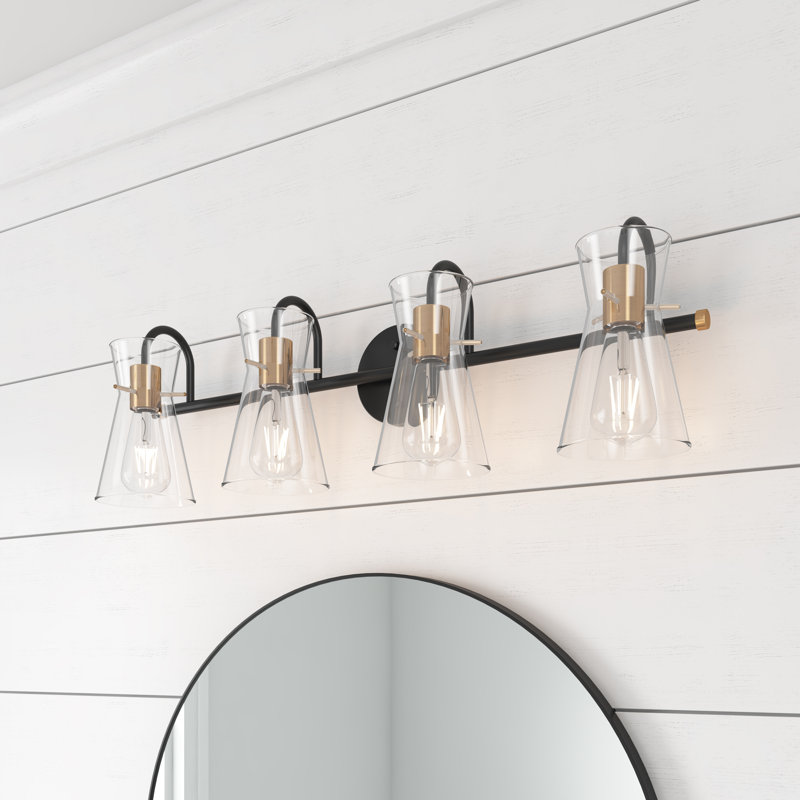 Black & Brass Vanity Light with Glass Shade, Dimmable, E26 Base – UL Certified, 9.45" H x 30.31" W x 6.89"D, 4 Lights