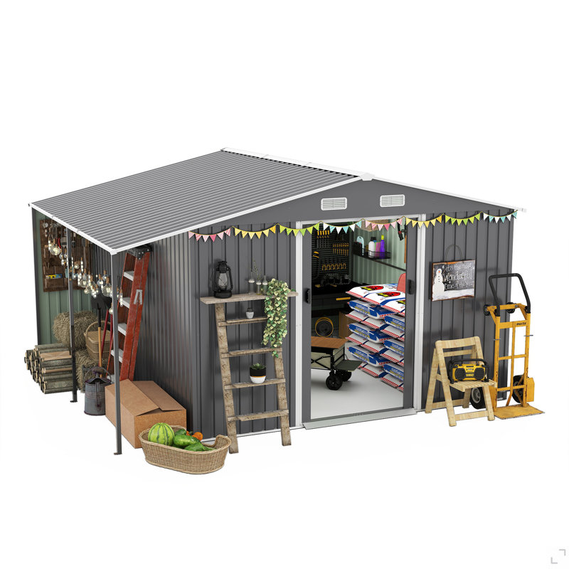 Remise de rangement extérieure 10 pi x 12 pi, très grande remise en métal avec portes verrouillables, fenêtres, petite maison en acier à l'extérieur idéale pour le jardin, la cour, le service de patio, le rangement d'outils, les poulaillers