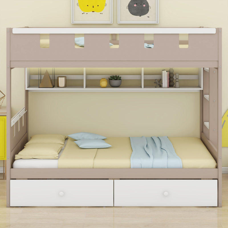 Lit superposé de style château pour enfants avec tablette intégrée, 2 tiroirs et éclairage DEL, Lit simple, Blanc