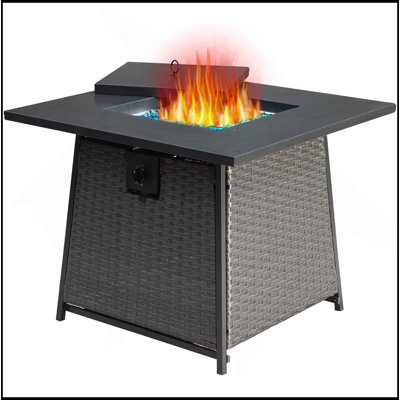 Table de foyer d'extérieur au propane 32 pouces avec boule de verre bleue, table de feu d'extérieur en osier 50 000 BTU avec foyer au gaz carré en acier 2 en 1 certifié ETL (gris foncé)