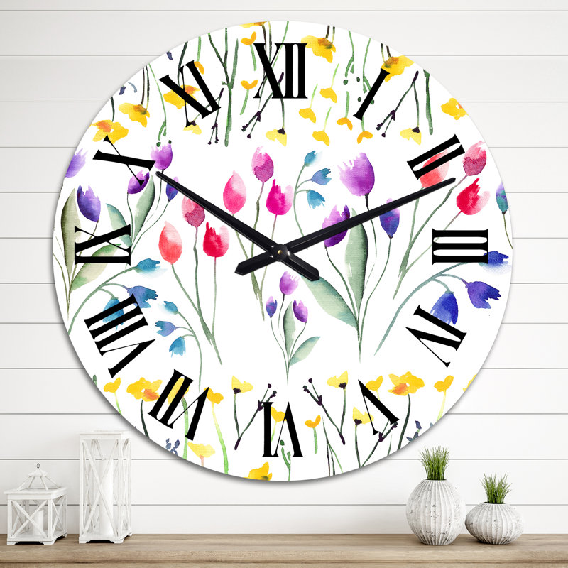 Horloge murale à motif fleurs jaunes et tulipes rouges et violettes, Grand