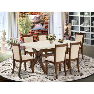 Cet ensemble de salle à manger 5 pièces comprend une table de salle à manger rectangulaire avec des pieds en X et 4 chaises Parson rembourrées en lin beige clair