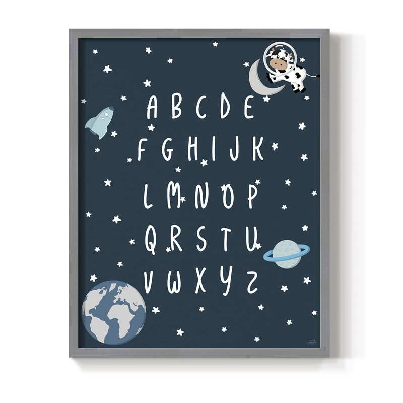 Space Cow Alphabet, reproduction encadrée - bois massif, Gris, H 11 po x l 9 po