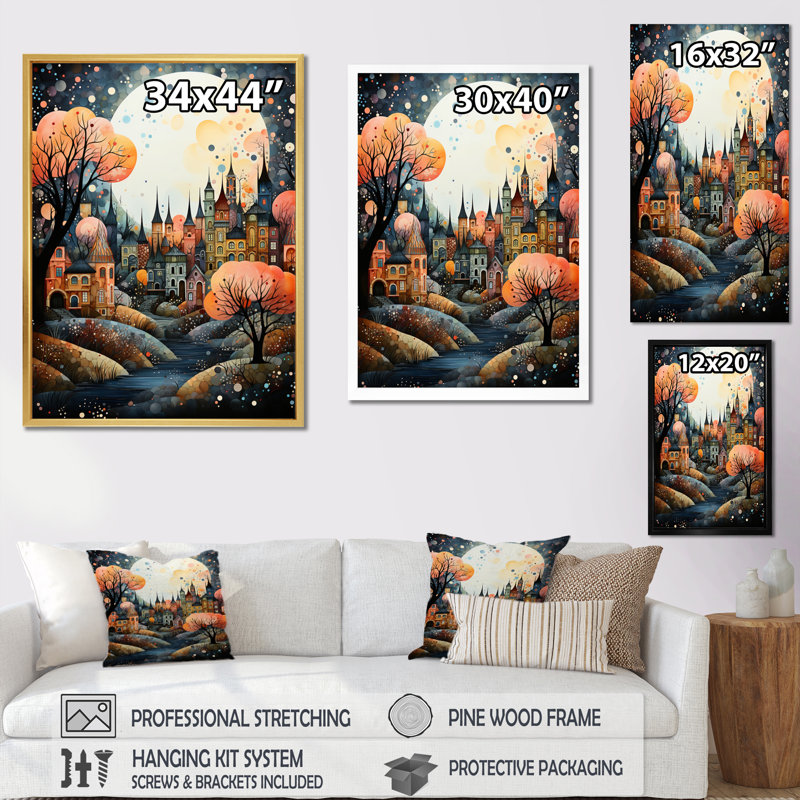 «Loup River Whimsical Through Forest Landscape III», reproduction, H 40 po x l 30 po x P 1,5 po, Cadre flottant doré