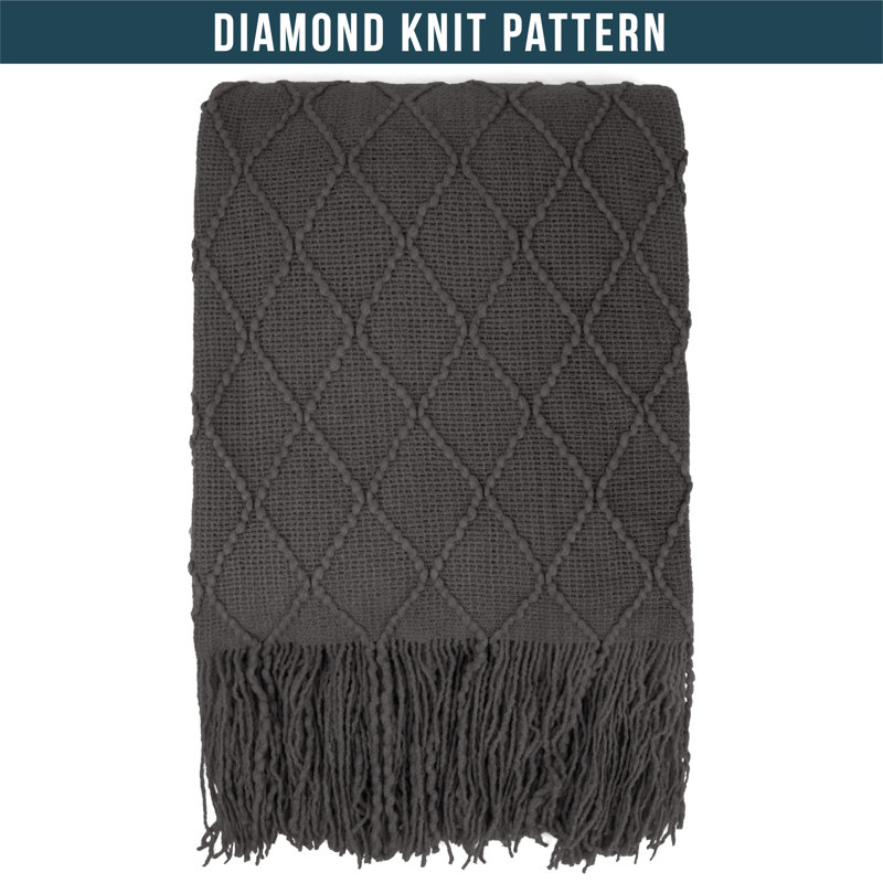 Charcoal Gray Knitted Fringe Throw Blanket for Couch