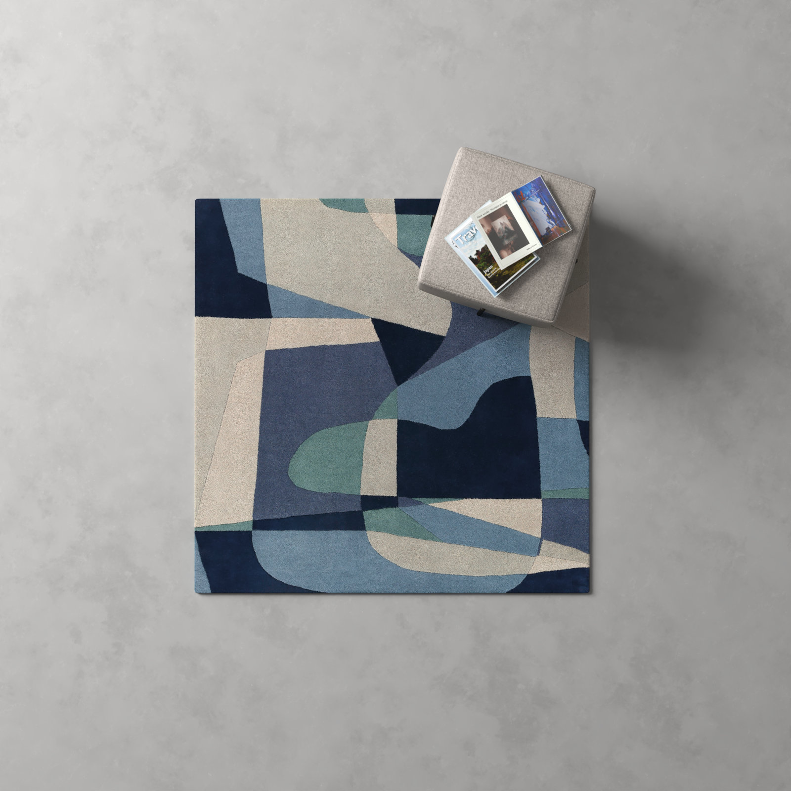 Gaye Teal Navy Beige Hand-Tufted Geometric Rug, Square 4'