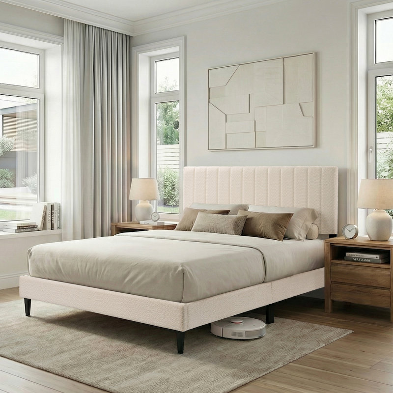 Dove Upholstered Queen Platform, Tufted Channel Headboard, Mid-century Bedroom Furniture, No Box Spring Required, Bed Frame Wood Slats, Modern Soft Boucle, 64.25" X 84.5" X 45"