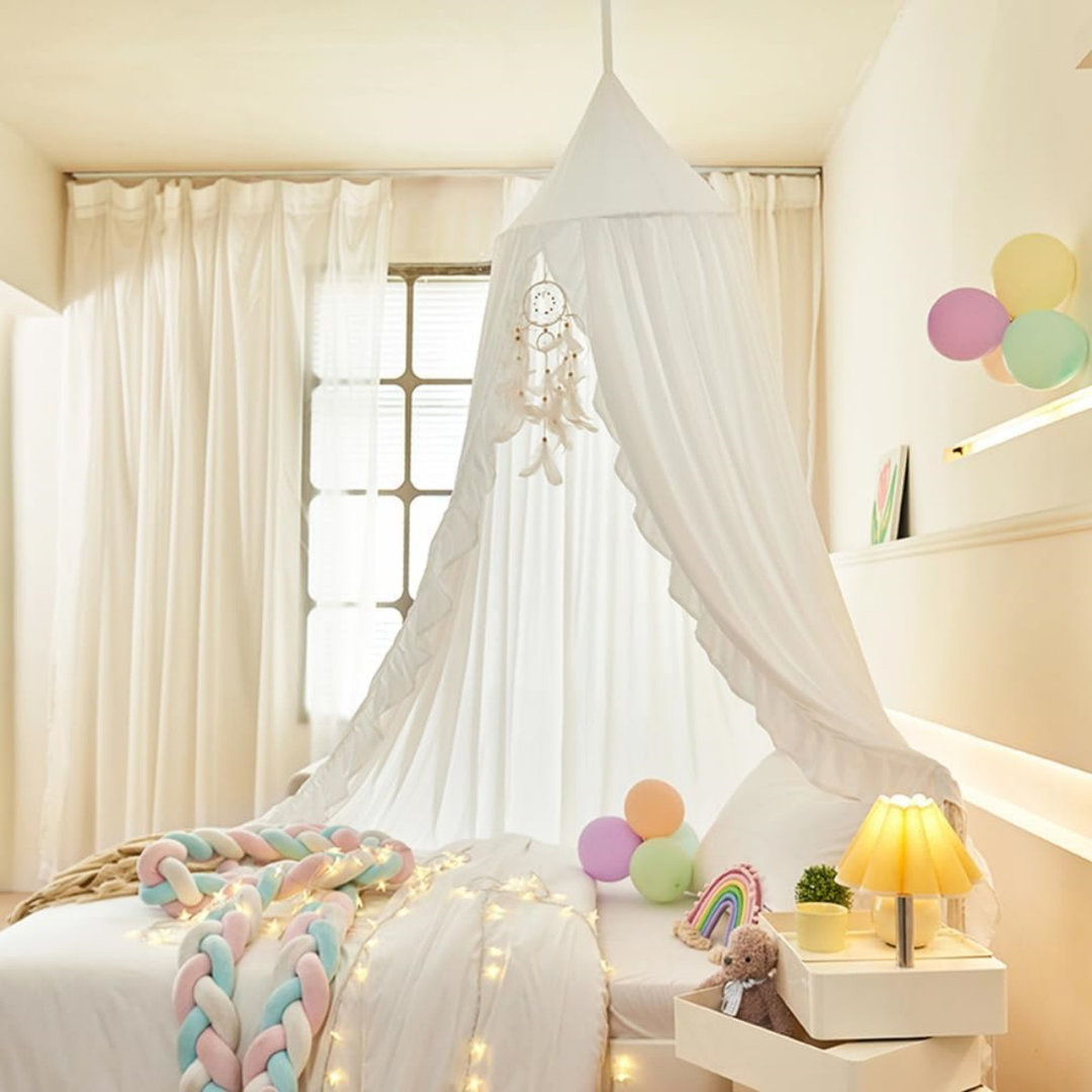 Round Dome Bed Canopy For Girls With Ruffled (White) 65 X 250Cm