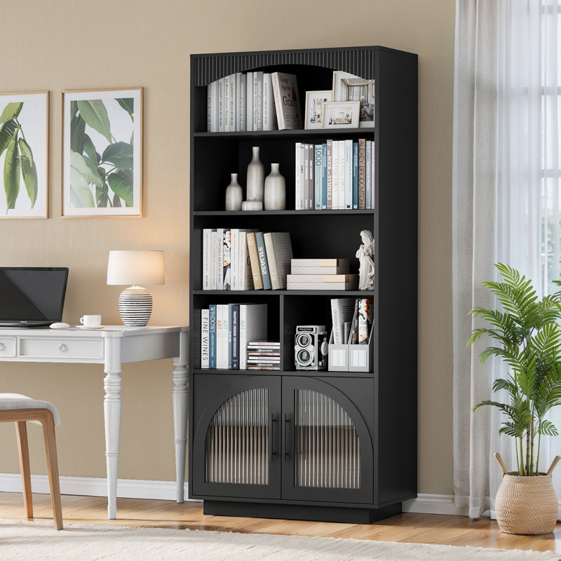 70" Bookshelf And Bookcase, Tall Bookcase With Glass Door, 5 Tier Mid-century Book Shelves W/ Deep Storage Cabinet And Adjustable Shelves, Wood Standing Tall Book Shelf For Home Office Kitchen