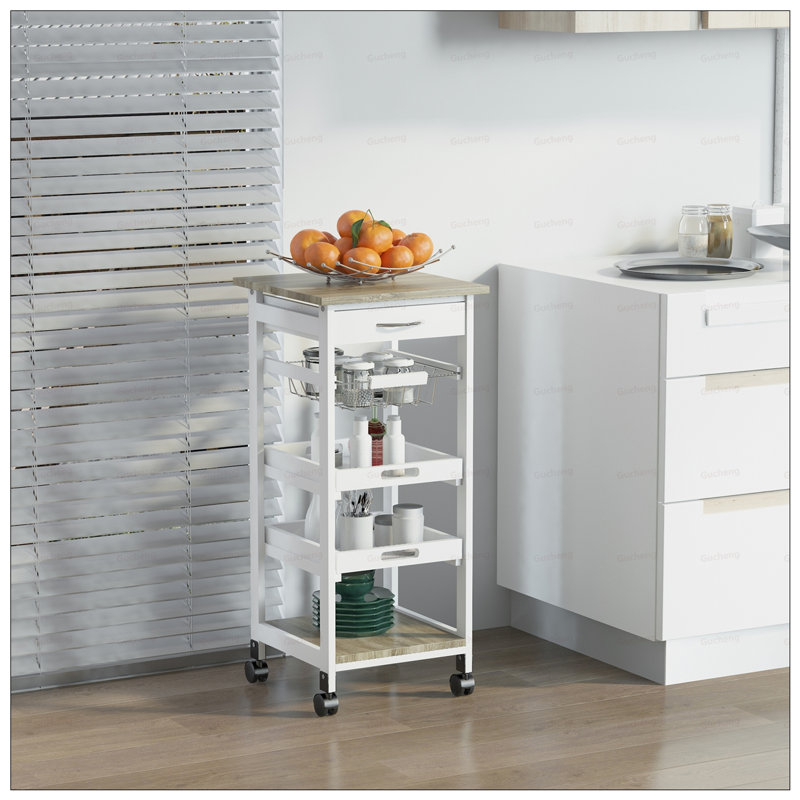 Chariot de cuisine mobile, îlot roulant avec rangement, structure en bois massif, paniers grillagés et tiroir pour une utilisation polyvalente