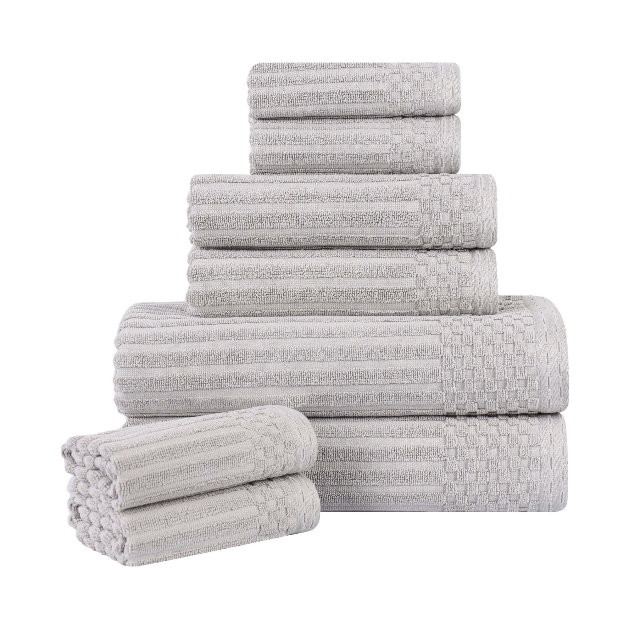 Ruvins Cotton Highly Absorbent 8-Piece Solid and Checkered Border Towel Set, Silver, 8 Piece Towel set