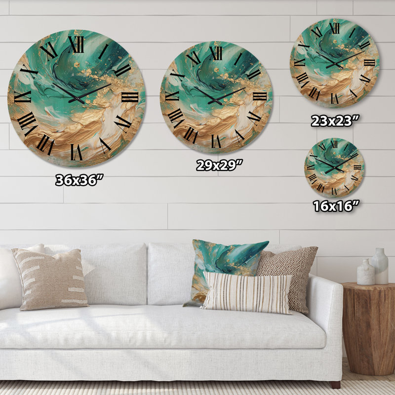 Golden Ocean Waves Turquoise Abstract IV - Abstract Painting Wooden Wall Clock, Extra Large