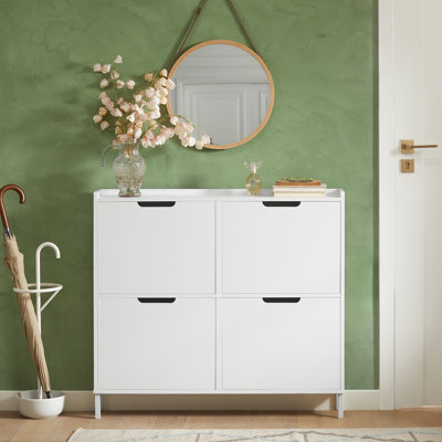Narrow Shoe Rack Shoe Cabinet With 4 Flip Drawers Slim Wooden Storage Cupboard For Hallway
