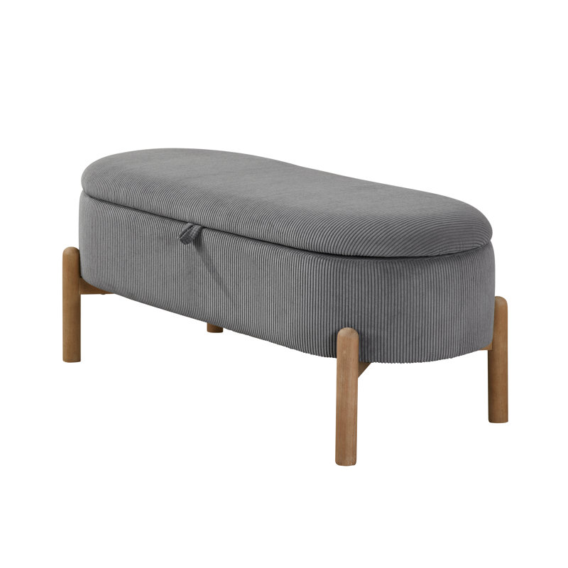 Storage Bench Gray Cushioned Seat Corduroy Upholstery Lift Top Solid Wood Legs 1Pc, Gray
