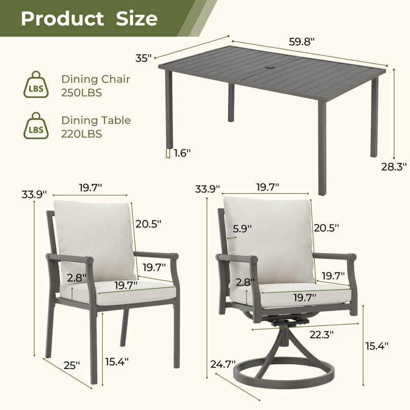 Mcallister 7-Piece Metal Patio Dining Set With 2 Swivel Chairs, Beige Cushions And Umbrella Hole