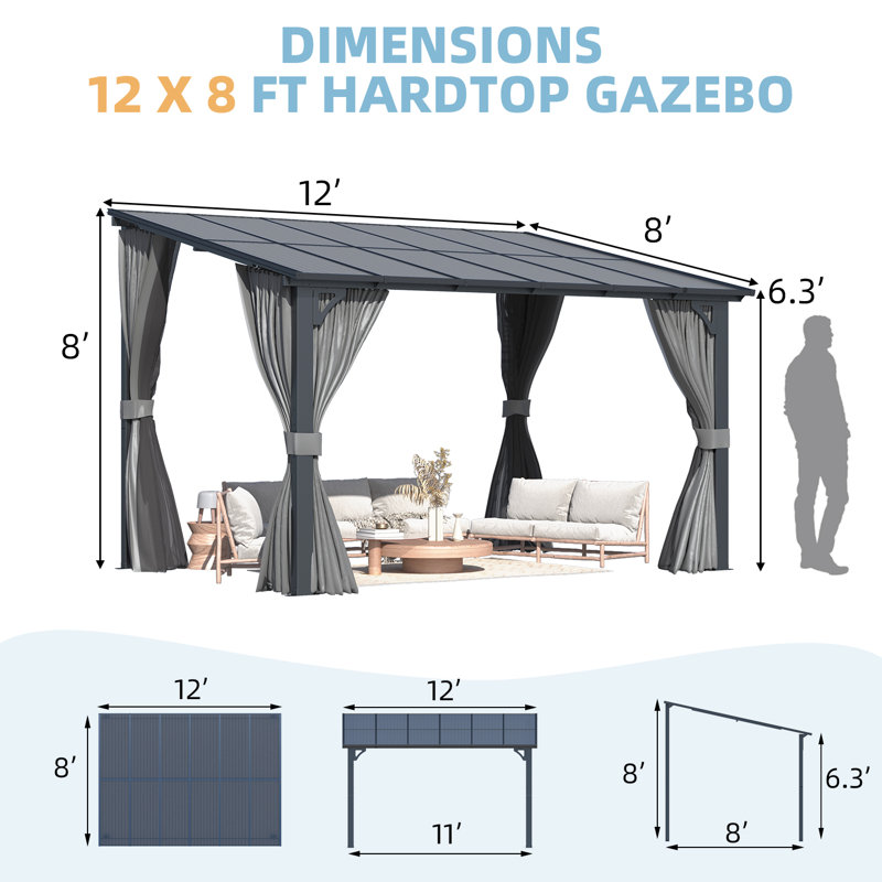 Lean-To Wall-Mounted Pergolas With Curtains And Netting, 96" H x 144" W x 96" D