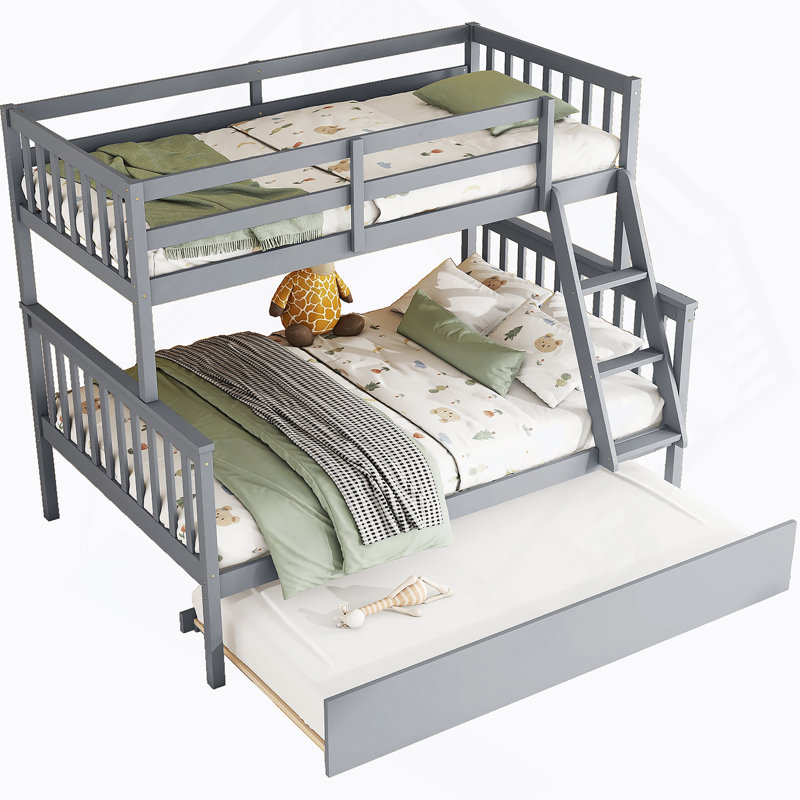 Lit simple au-dessus d'un lit double en bois avec lit gigogne, gris