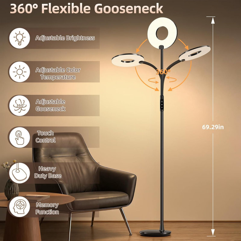 70" LED Touch Control Floor Lamp, Dimmable 3 Color Temp With Adjustable Gooseneck, Black