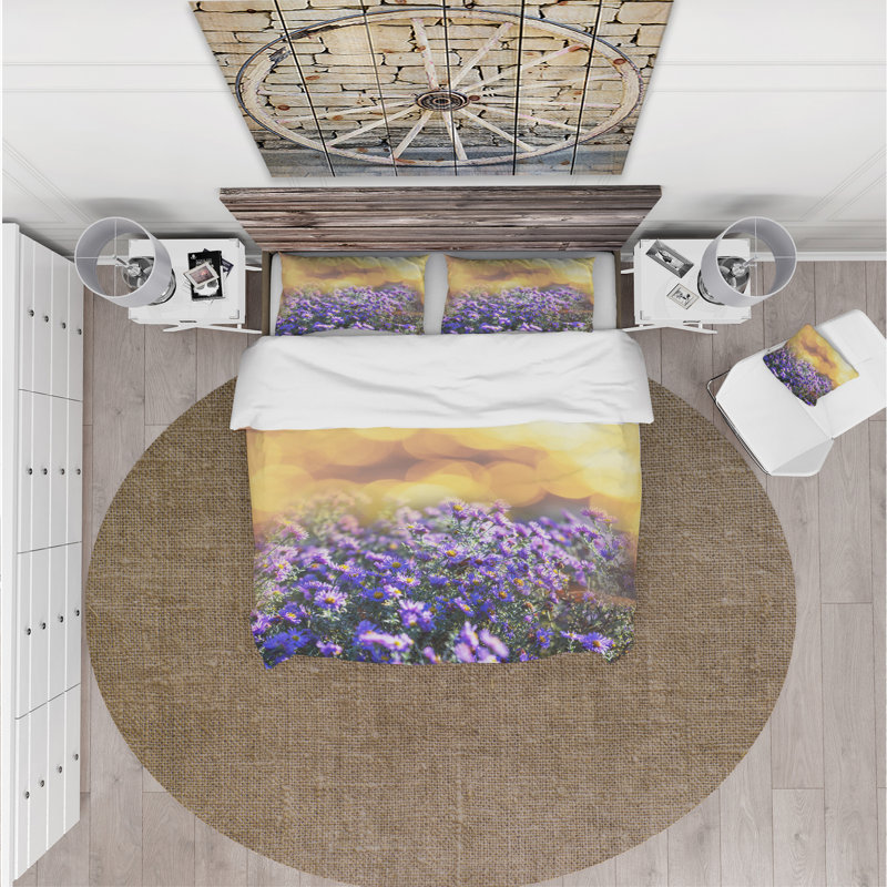 Fleurs mauves sur fond brun - ensemble de housse de couette floral - microfibre de polyester
