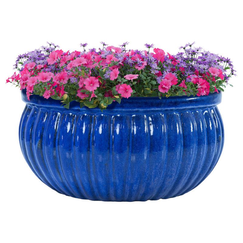 Outdoor Ceramic Ribbed Bowl Planter - Imperial Blue